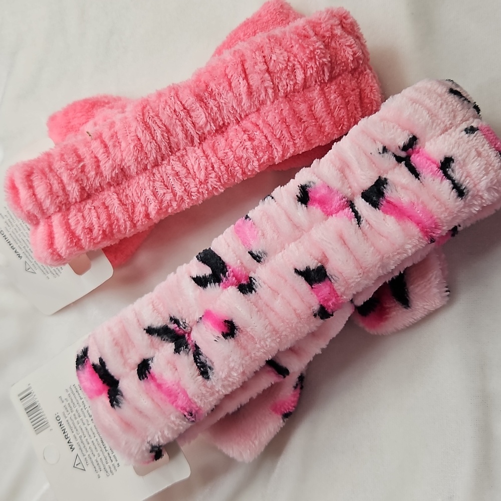 Set of 2 Spa Headbands Soft Terry Fabric Pink Solid & Animal Print Bow Stretch - Picture 5 of 6